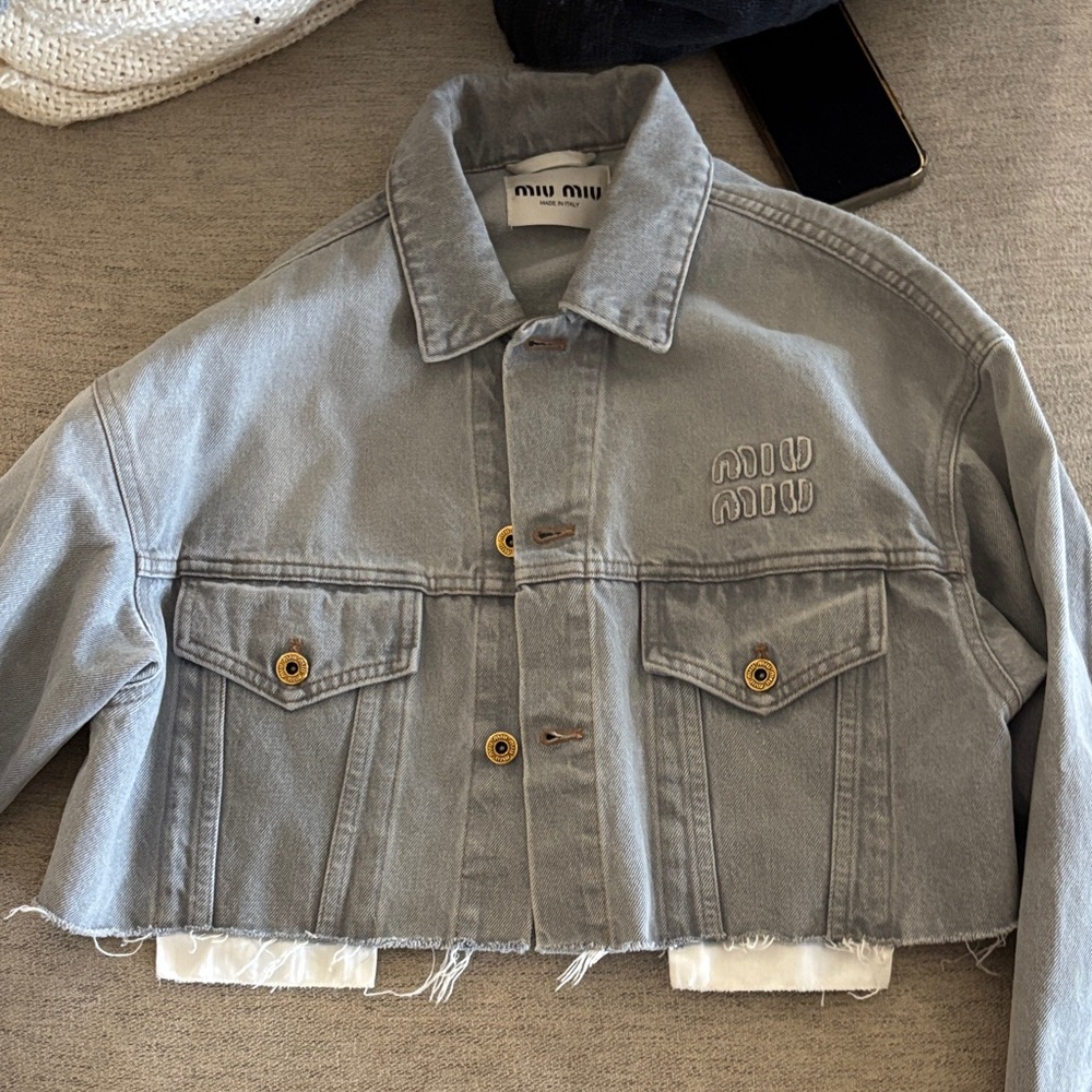 Miu Miu Light Gray Cropped Denim Jacket Size 38